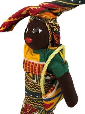 Handcrafted African Fabric Doll with Wooden Base - Bright Kente-Inspired Pattern
